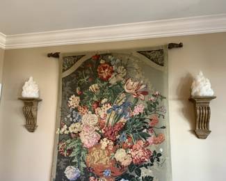 #15	tapestry from tapestries LTD from High Point North Carolina 51x75	 $200.00 			
#16	pair of wall hanging shelves with candle on top 9x7x14	 $150.00 			
