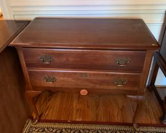 #113	Wood 2 Drawer Chest of Drawers w/q/a Legs - 35x20x30 (as is front Emblem)	 $100.00 			
