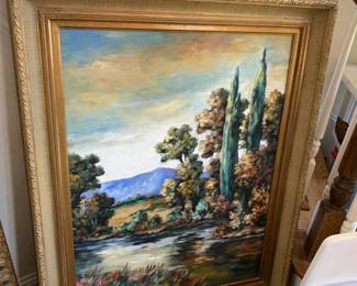 #8	original acrylic in gold frame of mountains, water and tall trees 38x50	 $175.00 			
