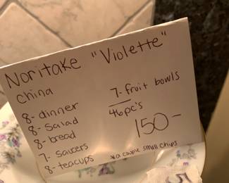 #57	Noritake "Violette" China - Mixed Set - 46 pieces	 $150.00 			
