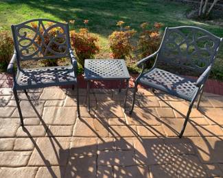 #44	Set of 2 aluminum Chairs w/Small table	 $100.00 			
