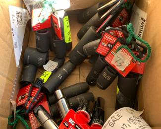 new with tags                                                                                                   #69	craftsman Metric Sockets - 18, 17, 15, 13, 12 ,11 and 9	 $40.00 			
#70	Craftsman Sockets  5/8", 11/16", 11/16" set 	 $20.00 			
#71	Craftsman Black Sockets -  1", 1 3/16", 1/2" ad 3/16" 	 $25.00 			
#72	Craftsman 15mm, 9mm and 11mm Sockets	 $15.00 			
#73	Craftsman Sockets - 7/8", 11/16, 9/16" and 1/2"	 $20.00 			
#74	Craftsman Sockets - 9/16", 7/8", 5/8" and 1/2"	 $20.00 			
#75	Craftsman Sockets - 25mm, 22mm, 12mm, 14mm, and 15mm	 $30.00 			
#76	Craftsman Sockets - 12mm., 17mm, 14mm, 11mm, and 10mm	 $30.00 			
#77	Craftsman Sockets - 5/8,  1/2",  9/1, 6", 11/16"	 $30.00 			
