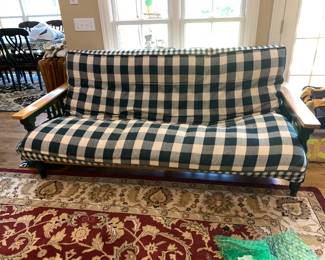 #14	black and maple futon with green check cover 80" long	 $100.00 			
