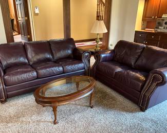 Leather Sofa & Love Seat - Oval Glass Top Coffee Table