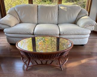 White Leather Sofa & Rattan Coffee Table
