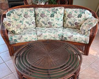Rattan Three Seat Sofa & Glass Coffee Table & 4 Nesting Stools