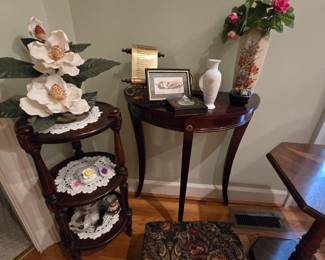 Bombay Co half moon tables, foot stool, 3 shelf table