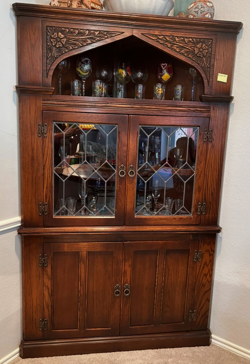 antique corner cabinet with leaded glass from England