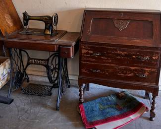 antique SINGER treadle machine and old secretary