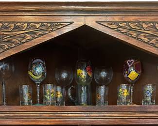 wood carving detail on corner cabinet