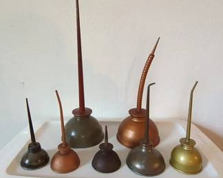 Collection of 7 Small Thumb Pump Oil Cans, Copper Other Metals