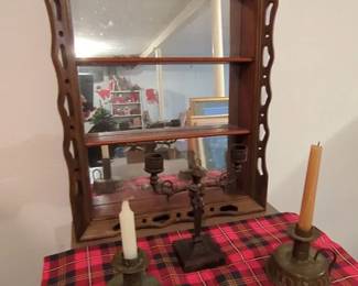 Vintage Wall Mirrored Display Case and Candlesticks