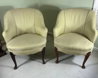 Pair of Antique Upholstered Armchairs with Carved Wooden Legs