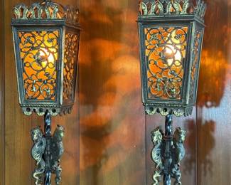 Pair of Medieval Style Wrought Iron Torchiere Floor Lamps