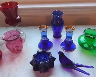 Vintage Collection Of Cranberry, Blue Green Decorative Glass