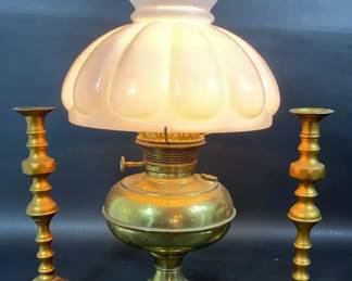 Brass Hurricane Table Lamp And 2 Brass Candleholders