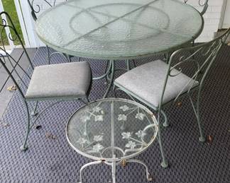 Round Metal Table, 4 Chairs, And Small Round Side Table