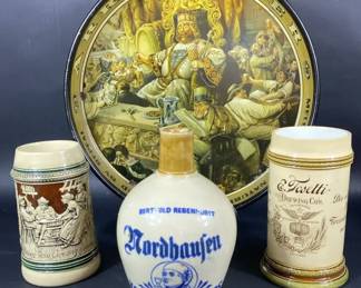 Antique Stone Jug, Arrow Beer Serving Tray And Two German Mugs