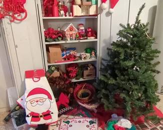 Cabinet Full Of Christmas Decor, Tree, Candles, Punch Bowl, Crystal Glasses Ect.