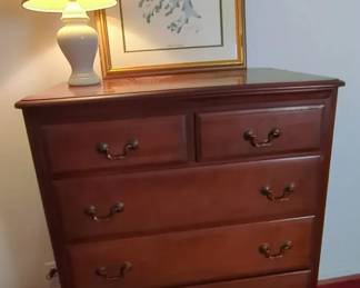 Cherrywood 6 Drawer Chest, Lamp and Art