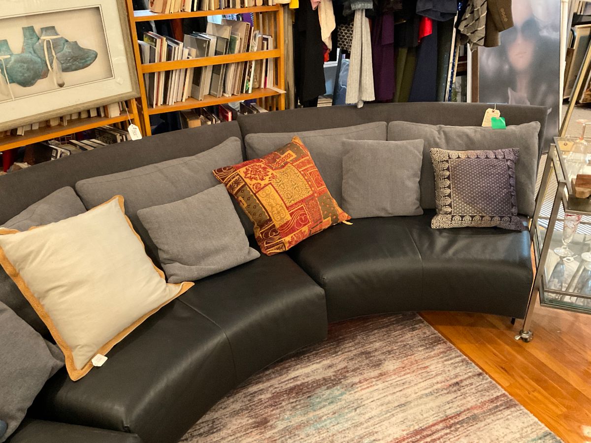 Curved leather and cloth 4 piece sectional sofa $2400 + tax (depth=35” height of seat=14” height of back=30” length of each section=58”) 