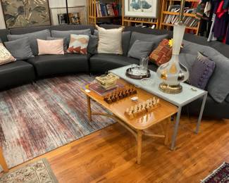 Curved leather and cloth 4 piece sectional sofa $2100 (depth=35” height of seat=14” height of back=30” length of each section=58”)