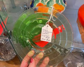 Green depression glass saucers (10) $15 + tax