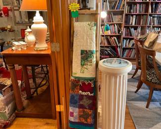 Handmade vintage tapestry quilts, plater made roman style column for sculptures or as a plant stand.