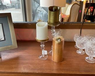 Vintage, brass rimmed, glass votive candle holders.