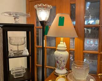 Ginger jar lamps x2 in the chinoiserie floral pattern with suede lamp shade. | Assorted glass and crystal cut glassware and home decor