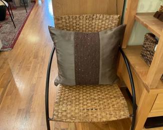 Woven cane and wrought iron chair x3 | Satin and sparkle brown accent pillow