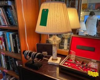 Assorted jewelry, bracelet, cuff links, necklaces, earrings, brooches, hair clips, watches, pins, keychains, marble and crystal lamp