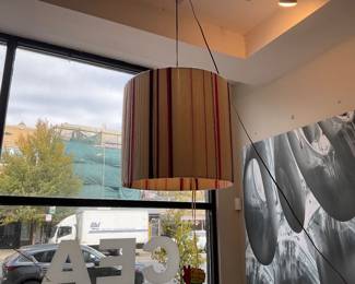 Handmade yarn made hanging pendant lamp. Cream and burgundy.