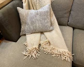 Silk and cashmere-like throw blanket | patterned, tufted grey/silver throw pillow