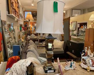 Tall mid-century modern Asian style brass lamp| neo classical ceramic book ends of man and women.