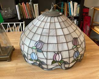 Tiffany-Style stained glass pendant lamp, tulip, white, blue, green, and purple