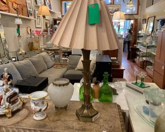 Vintage mid-century modern brass palm lamp base with pleated linen lamp shade