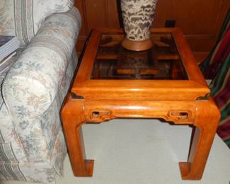 VINTAGE ASIAN GLASS TOP END TABLE