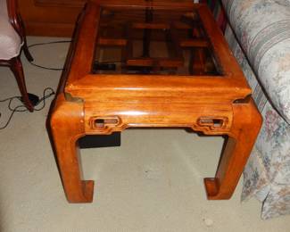 VINTAGE ASIAN GLASS TOP END TABLE