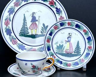 H B QUIMPER pottery Petit Breton. There are seven dinner plates, 7 cups & saucers and six bread & butter plates