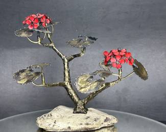 Vintage mid century brass & enamel Bonsai tree sculpture by Perry Marshall most likely for Bovano