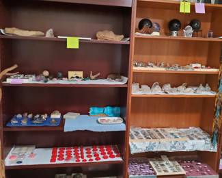 All types of semi-precious stones in all shapes, styles, colors. Everything from raw stones, to slabs, globes, to jewelry.