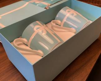 Tiffany & Co. Blue Box White Ribbon Porcelain Square Plates (2), Mugs with box (2) and matching napkins set