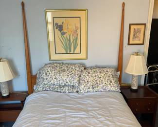 Full-size Wooden Bed Frame with Mattress and Striped Quilt