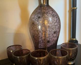 Bischoff Cordial Decanter & Liquor Cups, Venetian Glass with Silver Overlay