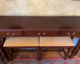 Mahogany Console Table by the Bombay Company With Brass Drop Handles and Two Chairs. (48 x 29 x 12”)