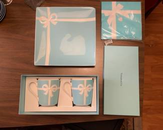 Tiffany & Co. Blue Box White Ribbon Porcelain Square Plates (2), Mugs with box (2) and matching napkins set