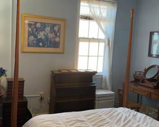 Full-size Wooden Bed Frame with Mattress and Striped Quilt