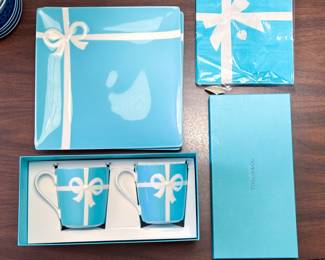 Tiffany & Co. Blue Box White Ribbon Porcelain Square Plates (2), Mugs with box (2) and matching napkins set