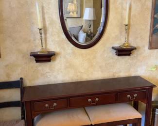 Mahogany Console Table by the Bombay Company With Brass Drop Handles and Two Chairs. (48 x 29 x 12”)